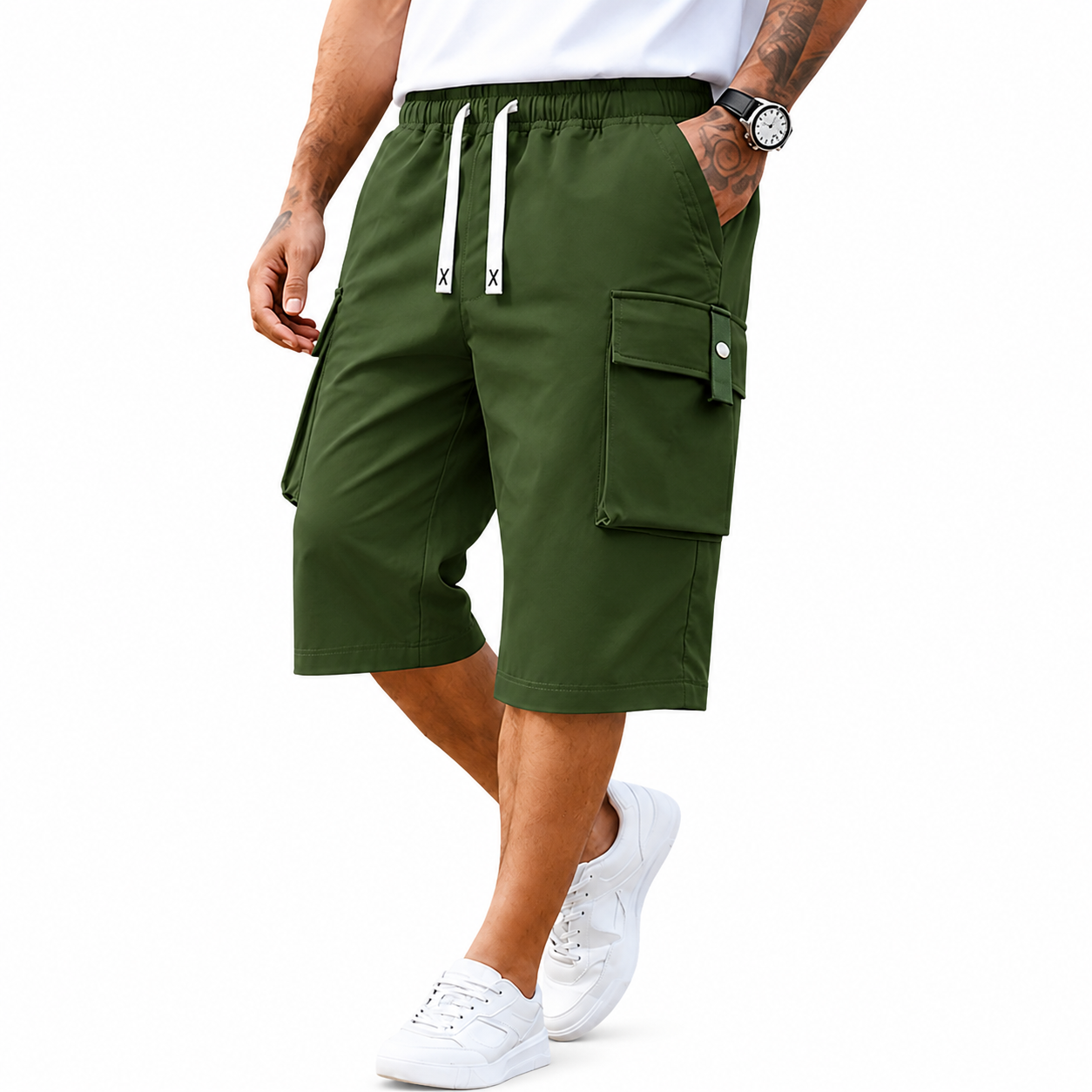 Men’s Plus Size Cargo Shorts, 3-Pack — elastic waistband design, multiple pockets, letter embroidery decoration, regular fit with a mid-rise waist, non-stretch fabric suitable for everyday wear and casual activities, non-see-through fabric