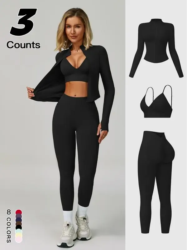 Women Quick-Dry Running Yoga 3-Piece Jacket Leggings Set