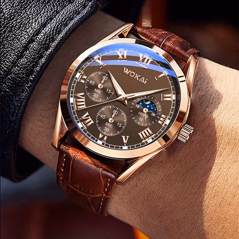 fashion mens sports watch brown faux leather strap quartz non waterproof battery powered electronic drive alloy case pointer display button battery 0