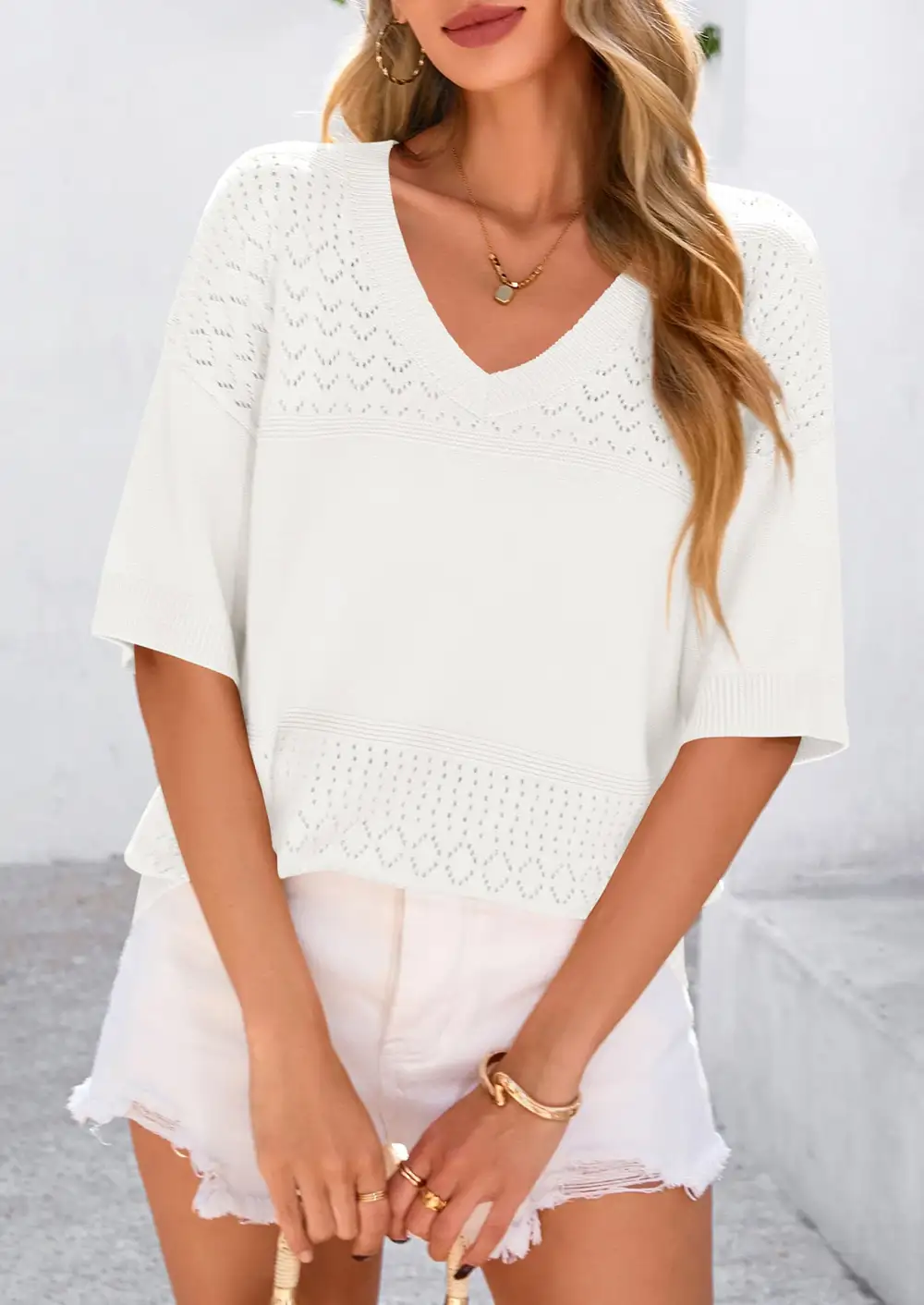 Women's ShortSleeve Sweater Tops SpringSummer Casual V Neck Ribbed KnitTrendy Eyelet Blouse T Shirts