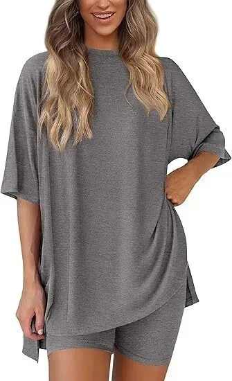 🔥Women's Two Piece Lounge Set Summer Casual Oversized Shirts Biker Shorts