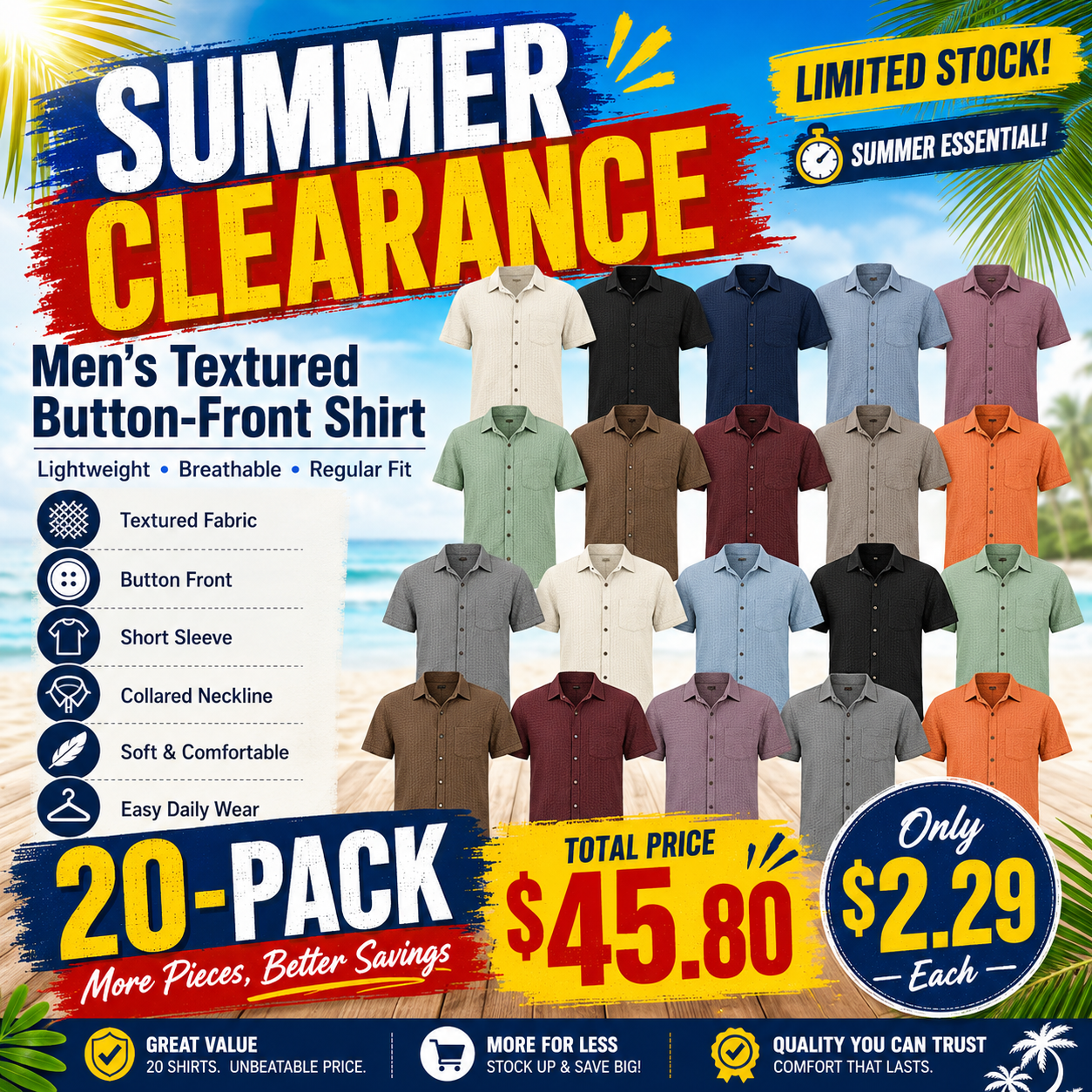 Men's Casual Textured Button Down Shirt - Summer Fit