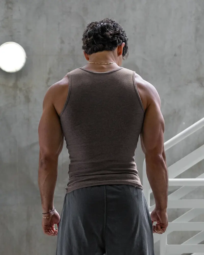 Back view of men's fitted ribbed tank top