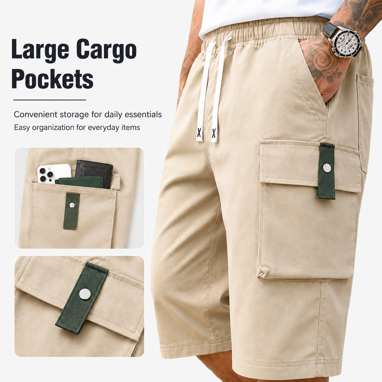 Men’s Plus Size Cargo Shorts, 3-Pack — elastic waistband design, multiple pockets, letter embroidery decoration, regular fit with a mid-rise waist, non-stretch fabric suitable for everyday wear and casual activities, non-see-through fabric