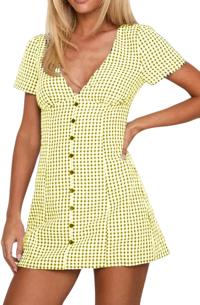 Women's Plaid Print Button Decor V Neck Shortsleeve