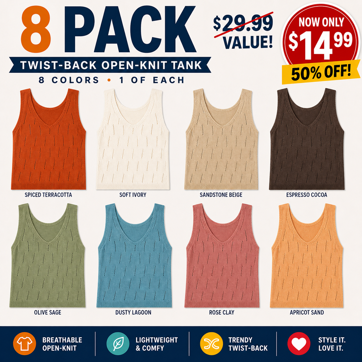 Mixed 8-Pack women's open-knit twist-back sweater tank bundle