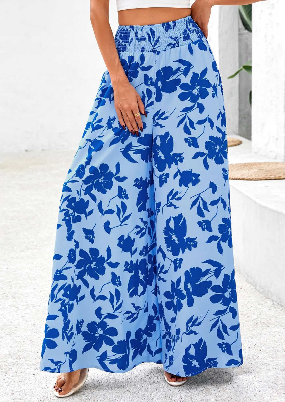 Casual Elastic High WaistedPockets Boho Beach Wide LegPalazzo Pants