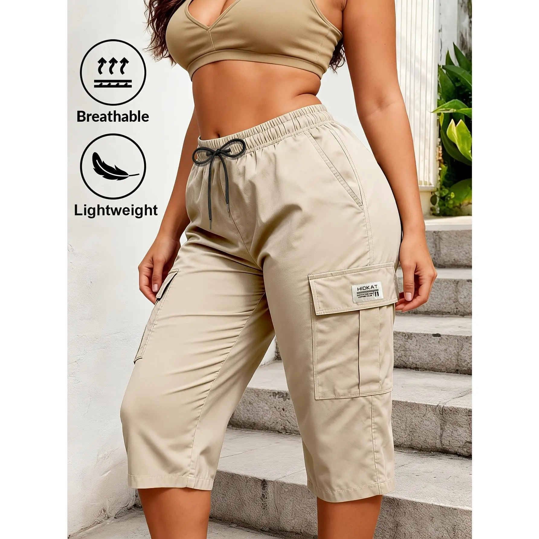 Women Solid Cargo Capri Pant Elastic Drawstring Waist Multi Flap Pockets
