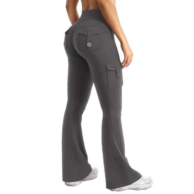 Women's Workout Flare Leggings with Pockets Hidden Scrunch High Waisted Cargo Gym Yoga No Front Seam Leggings Flared Joggers Fitness Outfit Camouflage Sports Pants 75% Nylon 25% Spandex