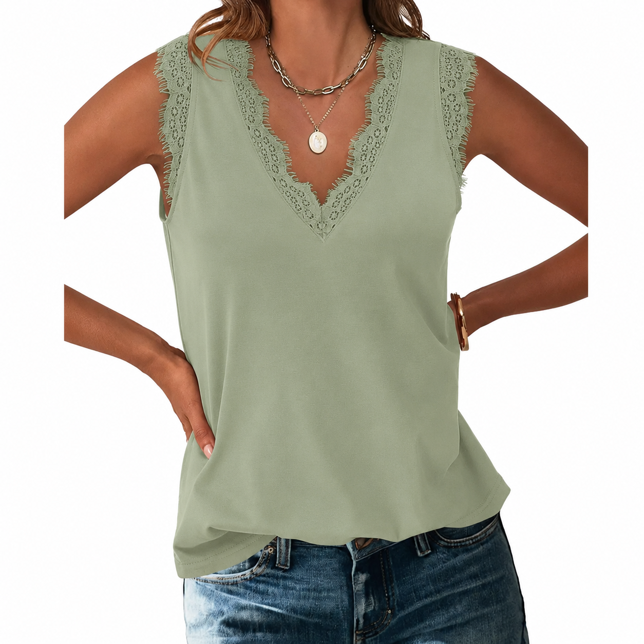 Sage Mist lace-trim sleeveless V-neck top