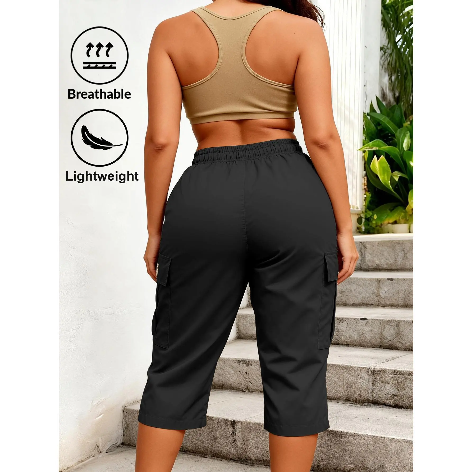 Women Solid Cargo Capri Pant Elastic Drawstring Waist Multi Flap Pockets