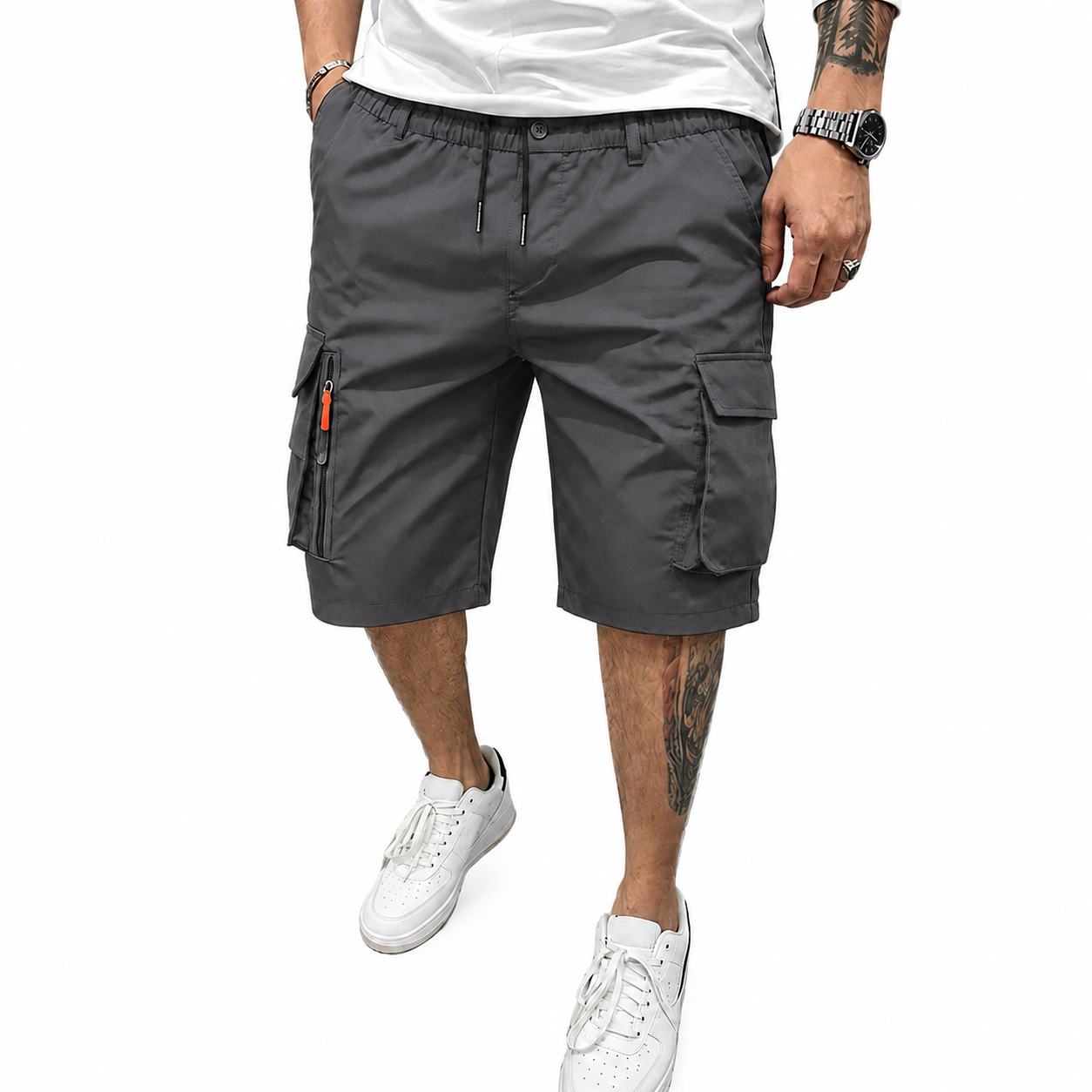 Men's Athleisure Cargo Shorts (8-Pack) — Multi-pocket design, elastic drawstring waistband, decorative faux fly; suitable for outdoor hiking, daily running, and commuting.