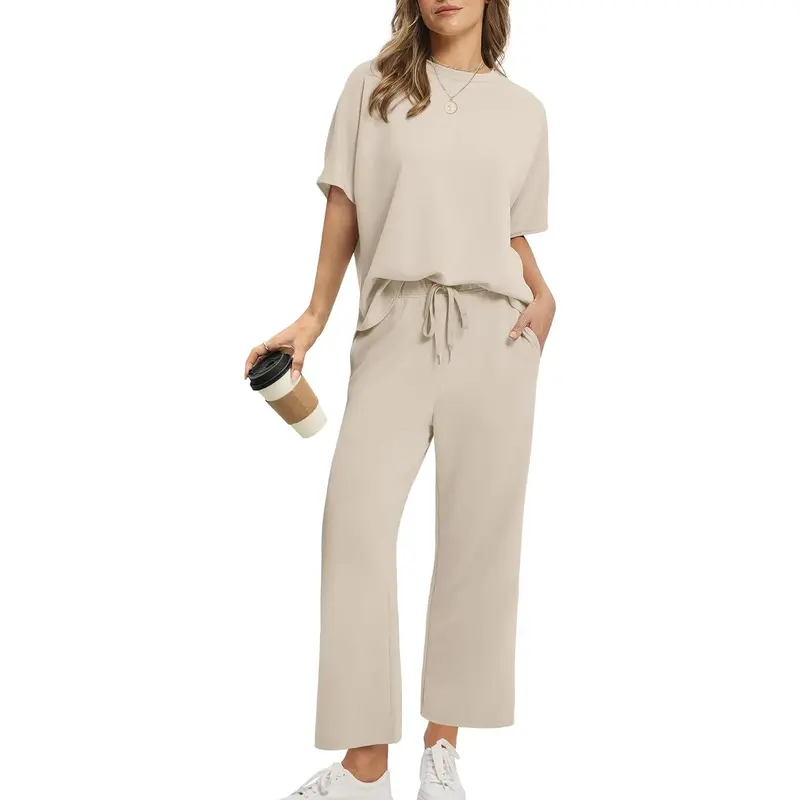Two Piece Sets for Women Summer Outfits Oversized Wide Leg Crop Pants Lounge Sets Airport Beach Vacation Clothes |(Size Up 1-2 for Oversized Look) Casual Shortsleeve