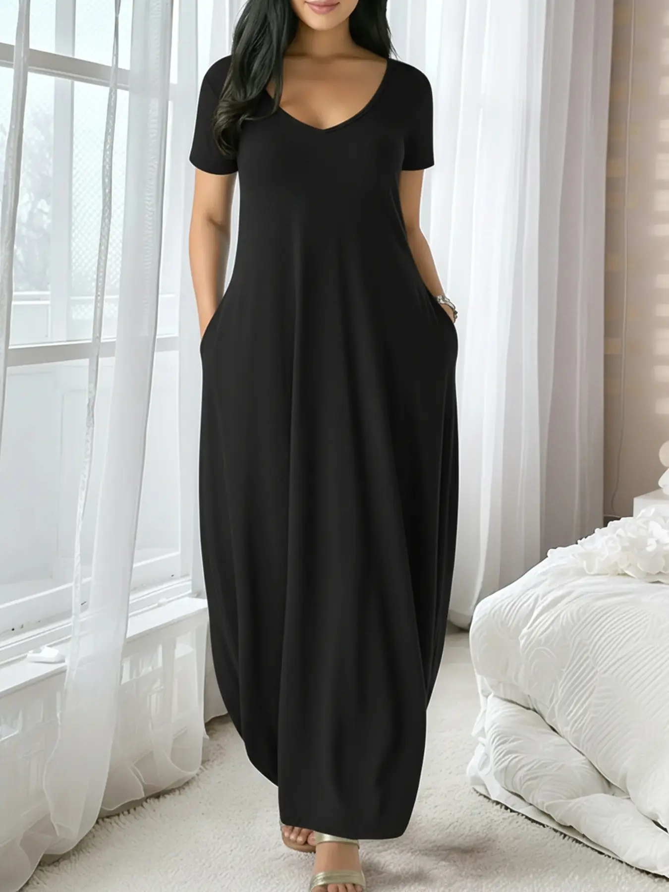 Women's Long Loungewear Dress, Casual Fitted Style, Large Round Neck Short Sleeve Pocket Sleepwear, Soft Fabric Everyday All Seasons Wear