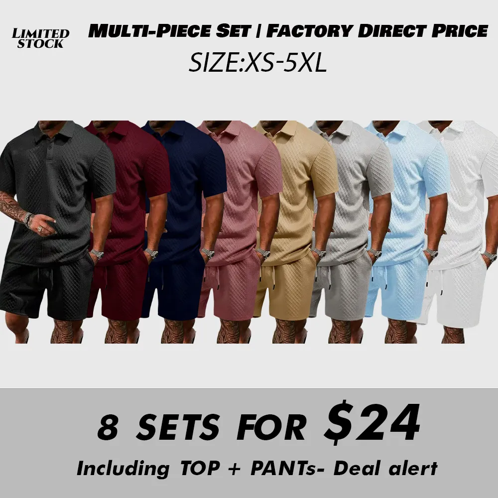 Men's Summer Casual Textured Polo Shirt and Shorts Two-Piece Set