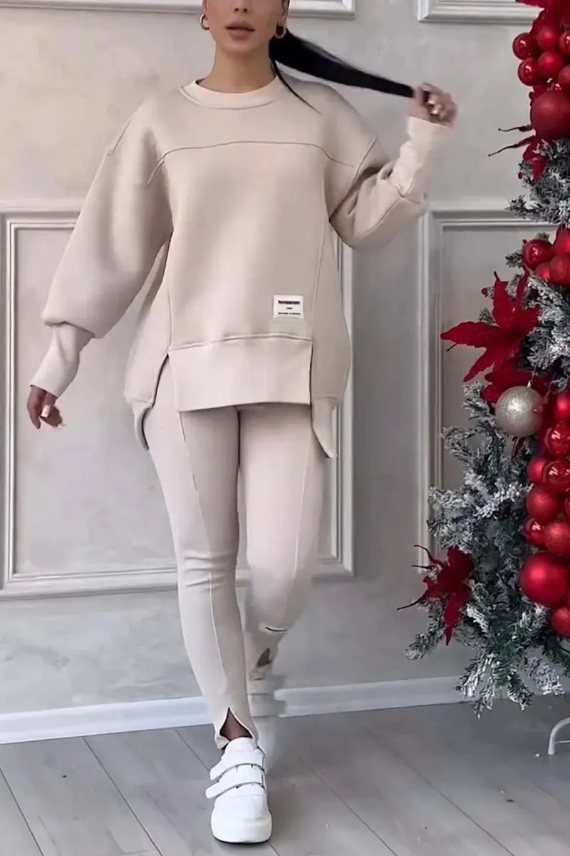 ⏰Winter Clearance Sale - 80% Off 🔥Women's Casual Solid Color Round Neck Long Sleeve Slit Hem Sweatshirt Leggings Set
