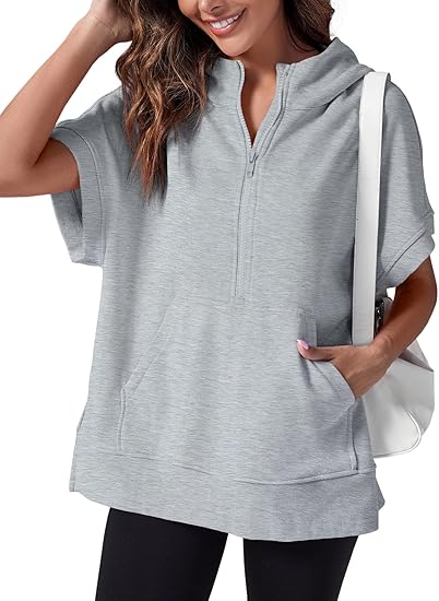 Women's Oversized Half Zip Hoodies Short Sleeve Casual Sweatshirts Pullover Tops with Pockets