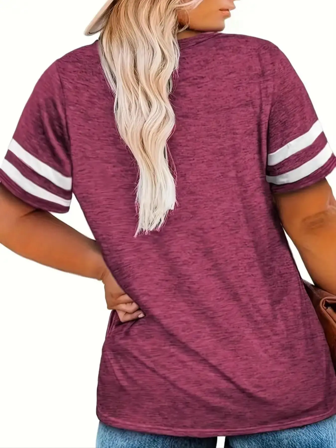 Women's Contrast Striped V Neck Short Sleeve Tee