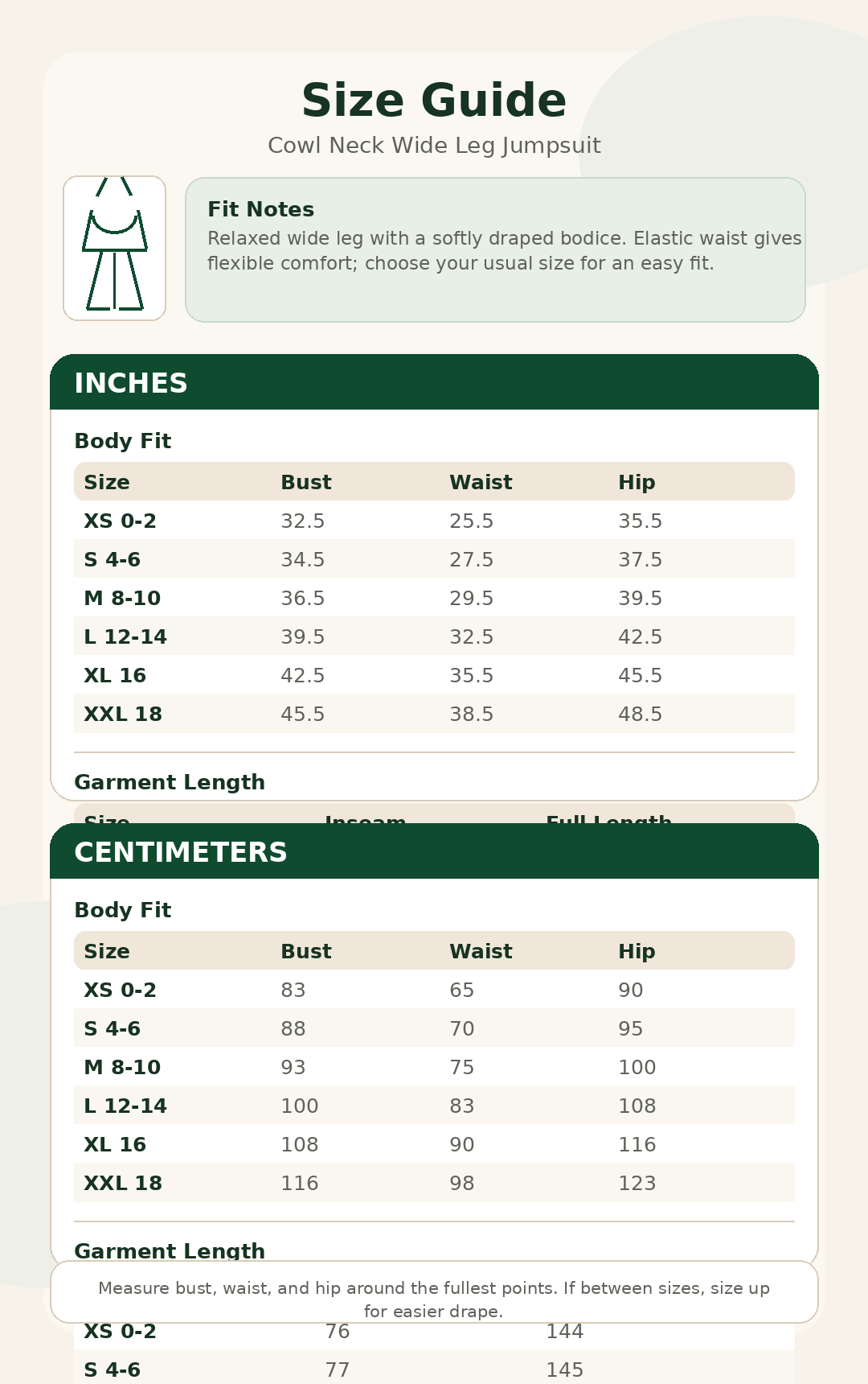 Size guide for cowl neck wide leg jumpsuit
