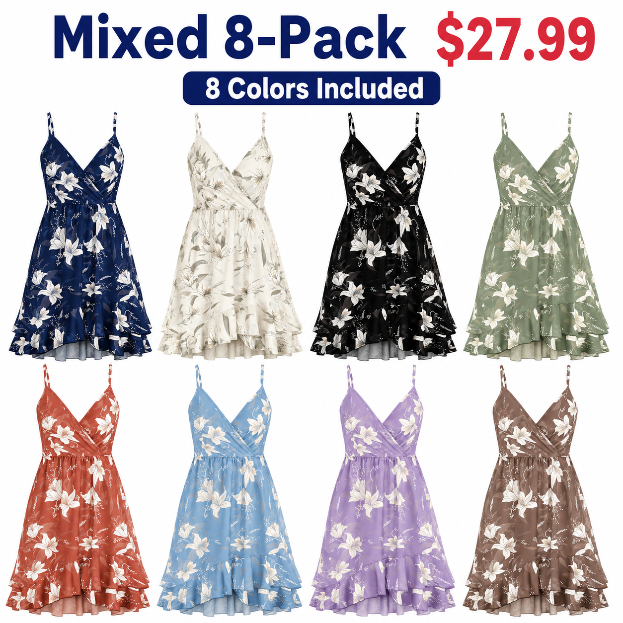 Mixed 8-Pack floral V-neck ruffle-hem summer dress bundle