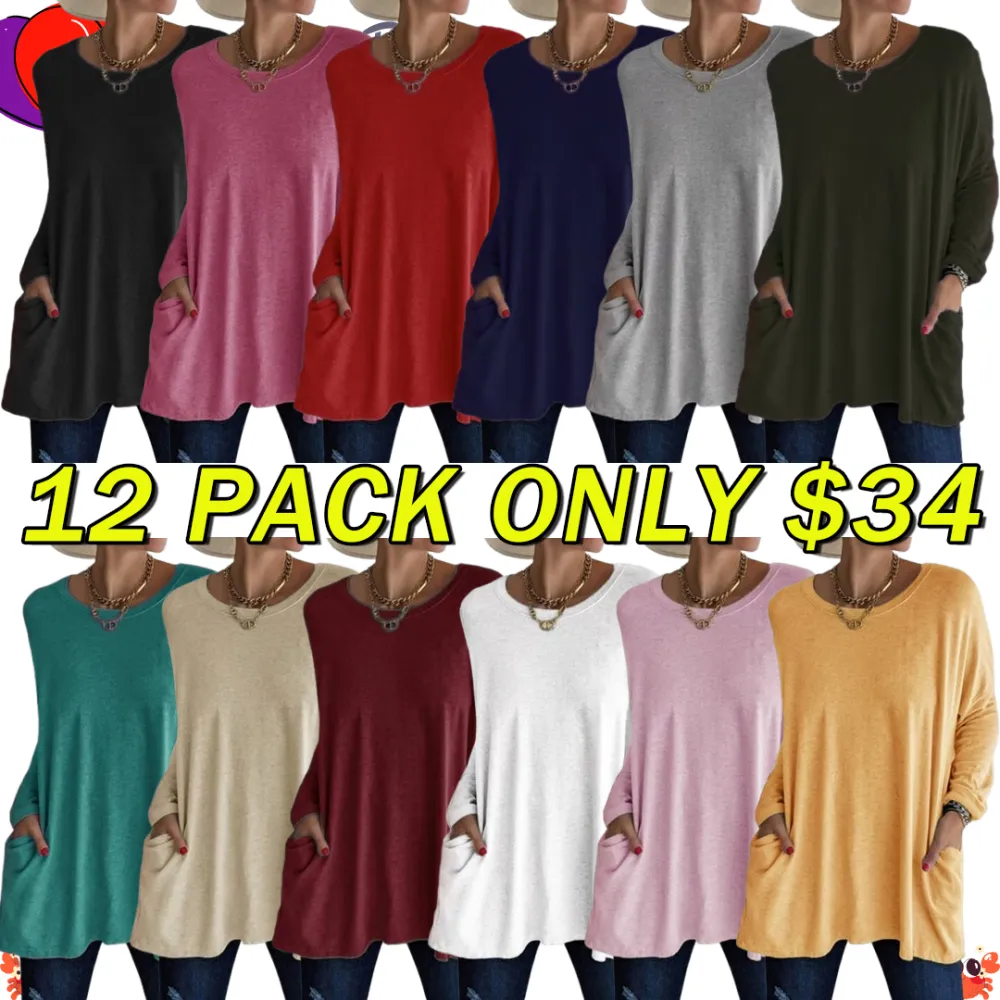 2026 Spring Summer New Round Neck Long Sleeve Pocket Solid T-Shirt