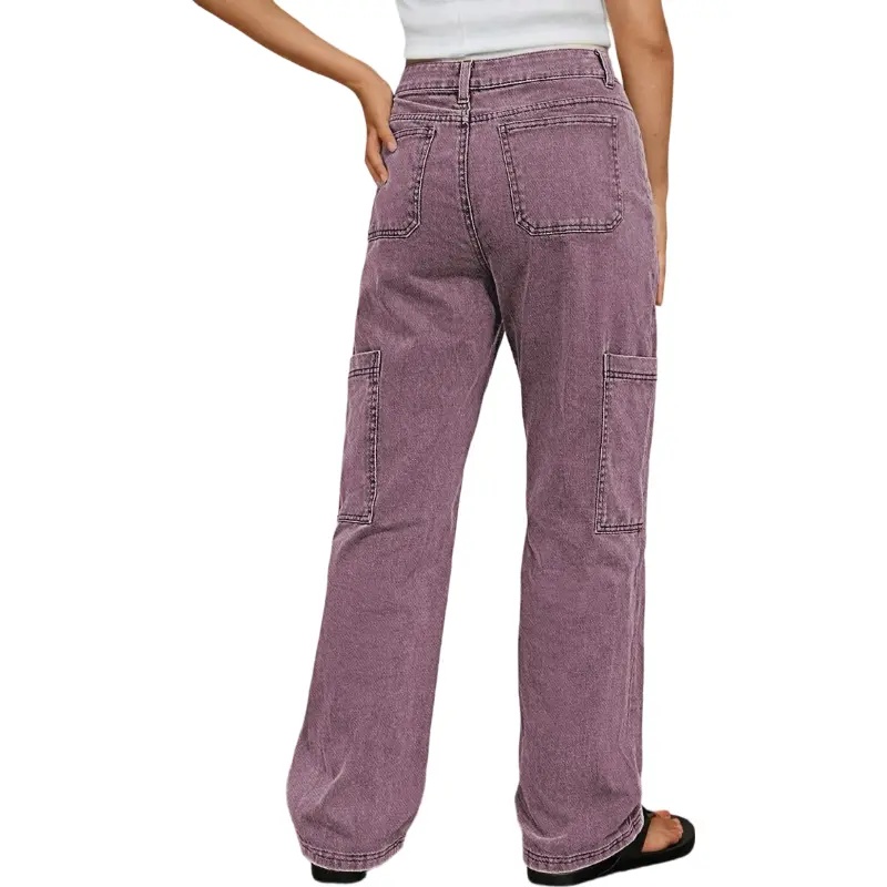 Stitch Detail Mid Waist Straight Leg Cargo Pants Without Belt