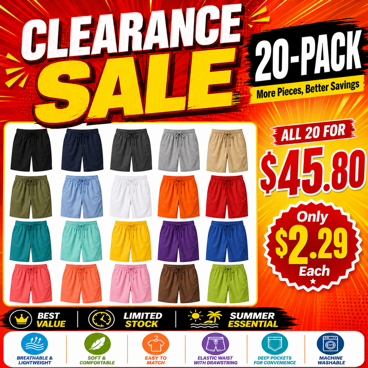 Clearance Sale Men's Breathable Drawstring Shorts, Comfortable Summer Casual Athletic Shorts with Pockets, Lightweight Beach Vacation Lounge Wear