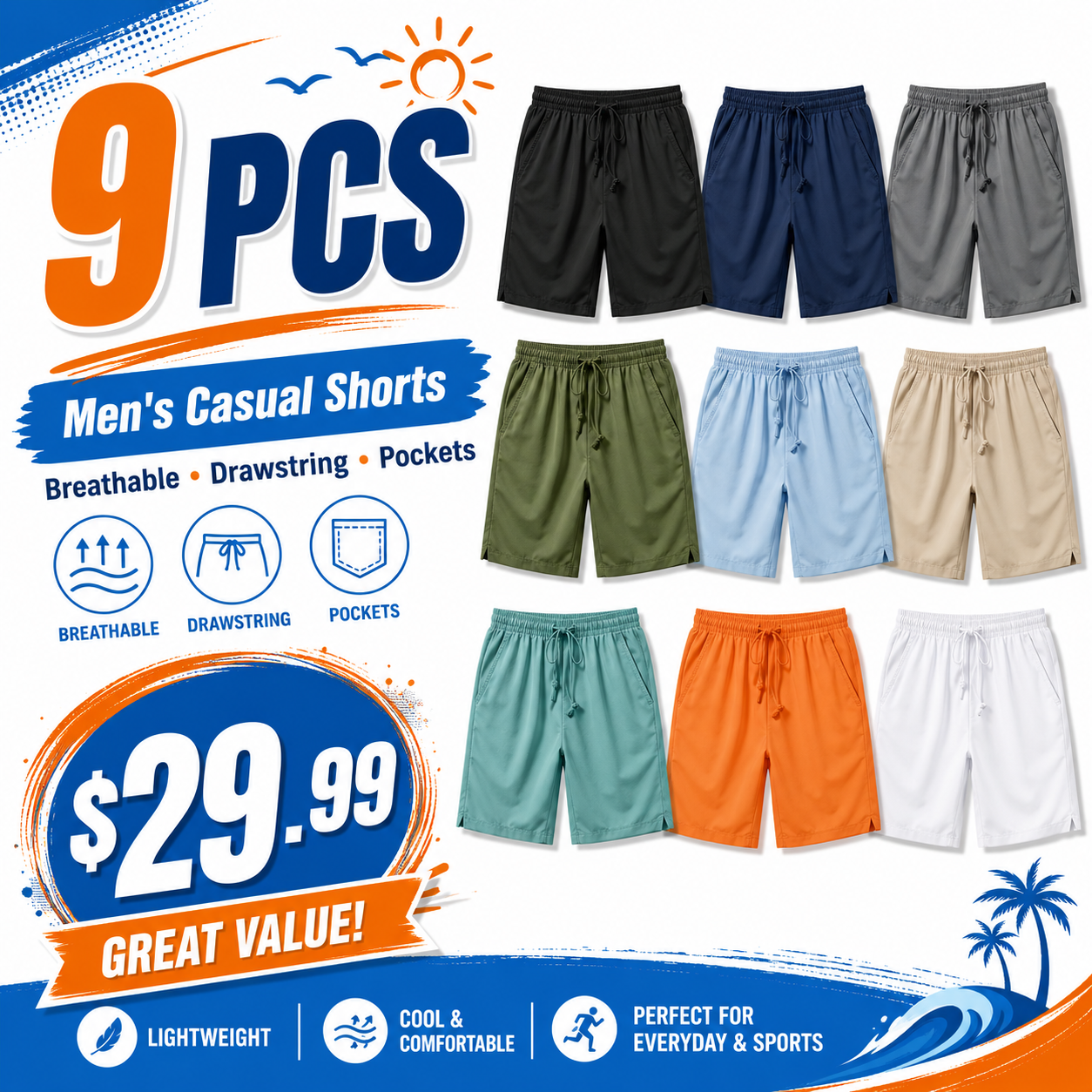 Men's Plain Solid Color Drawstring Pocket Shorts