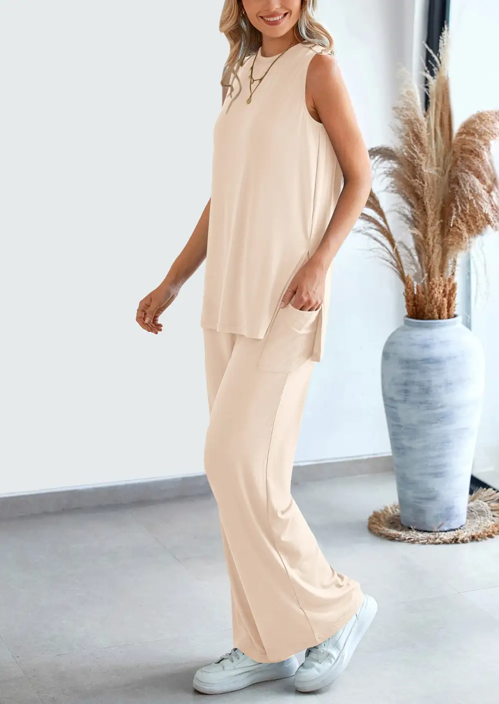 2 Piece Set LooseTank Top Wide Leg Pants CasualMatching Outfits Tracksuit