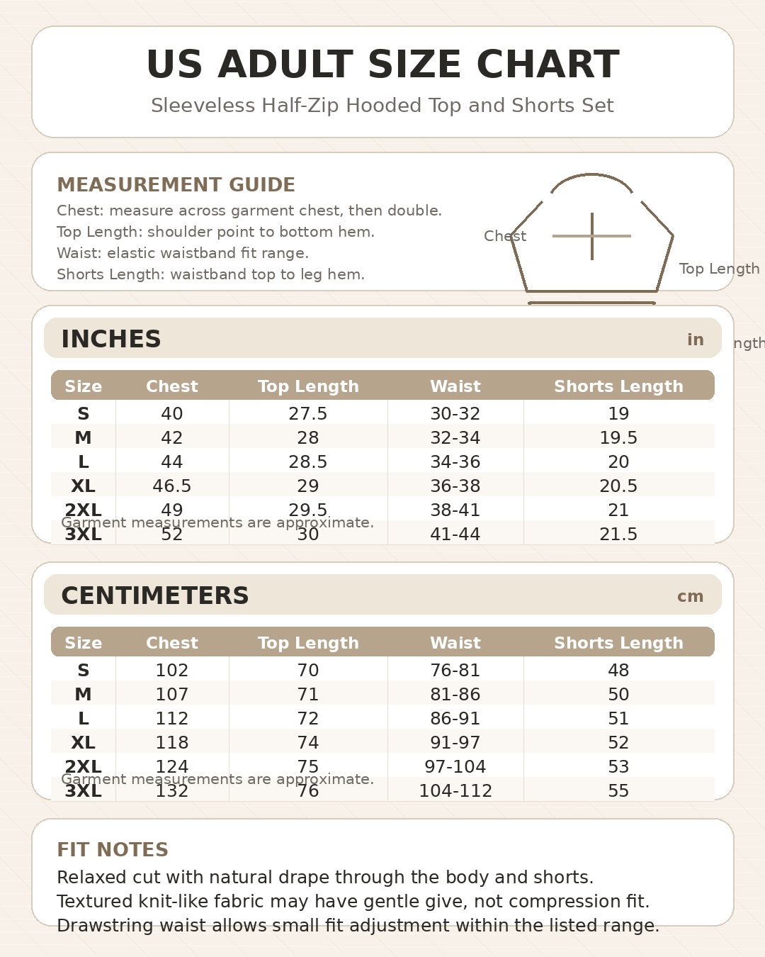 Size chart for men's sleeveless half zip hoodie and shorts set