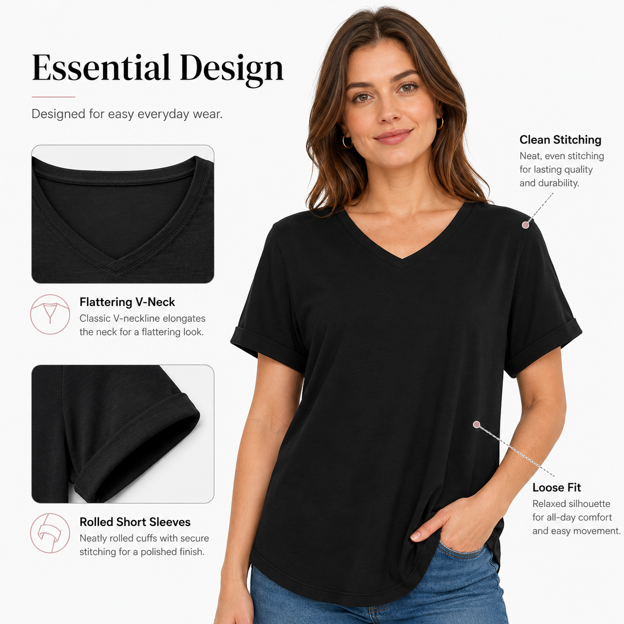 4 Pack V Neck T Shirts for Women Basic Tees Casual Short Sleeve Shirts Loose Fit Plus Size Tops Plain Summer Clothes