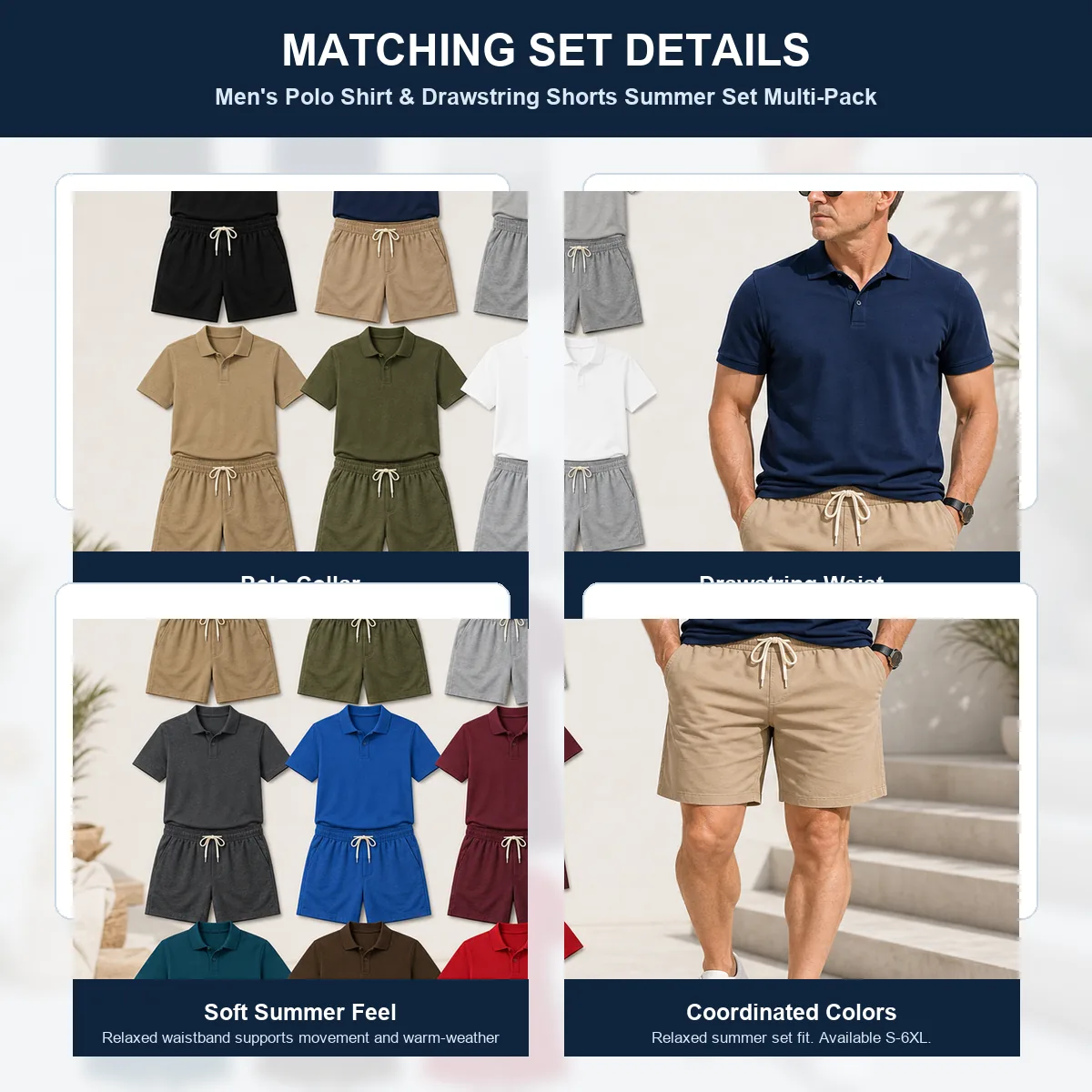 Men's Polo Shirt & Drawstring Shorts Summer Set Multi-Pack detail photo