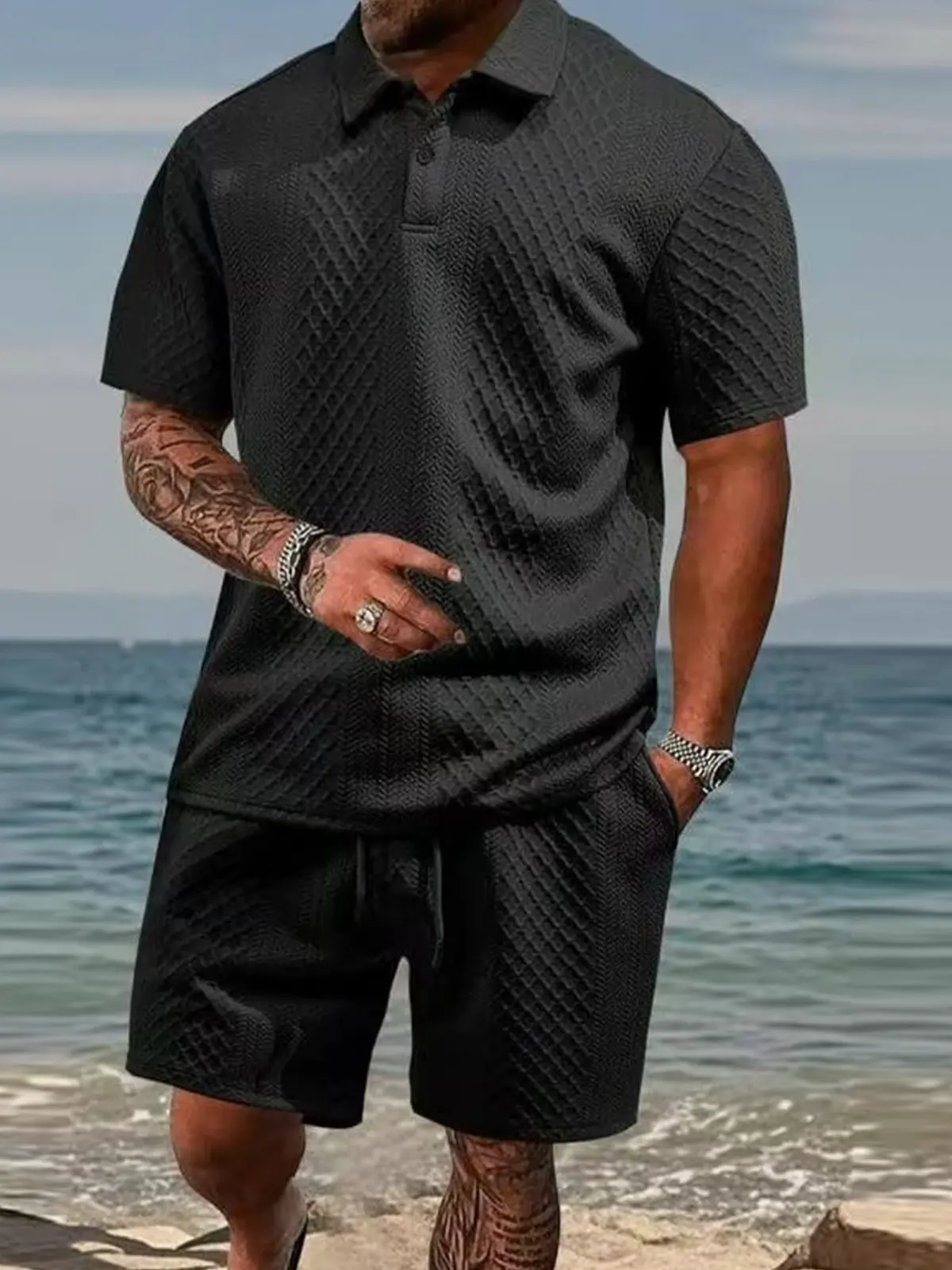 Men's summer casual texture fabric solid color polo shirt T-shirt shorts 2-piece set, loose fit suitable for casual sports, breathable and cool, essential summer outfit, comfortable and versatile  Menswear Plain