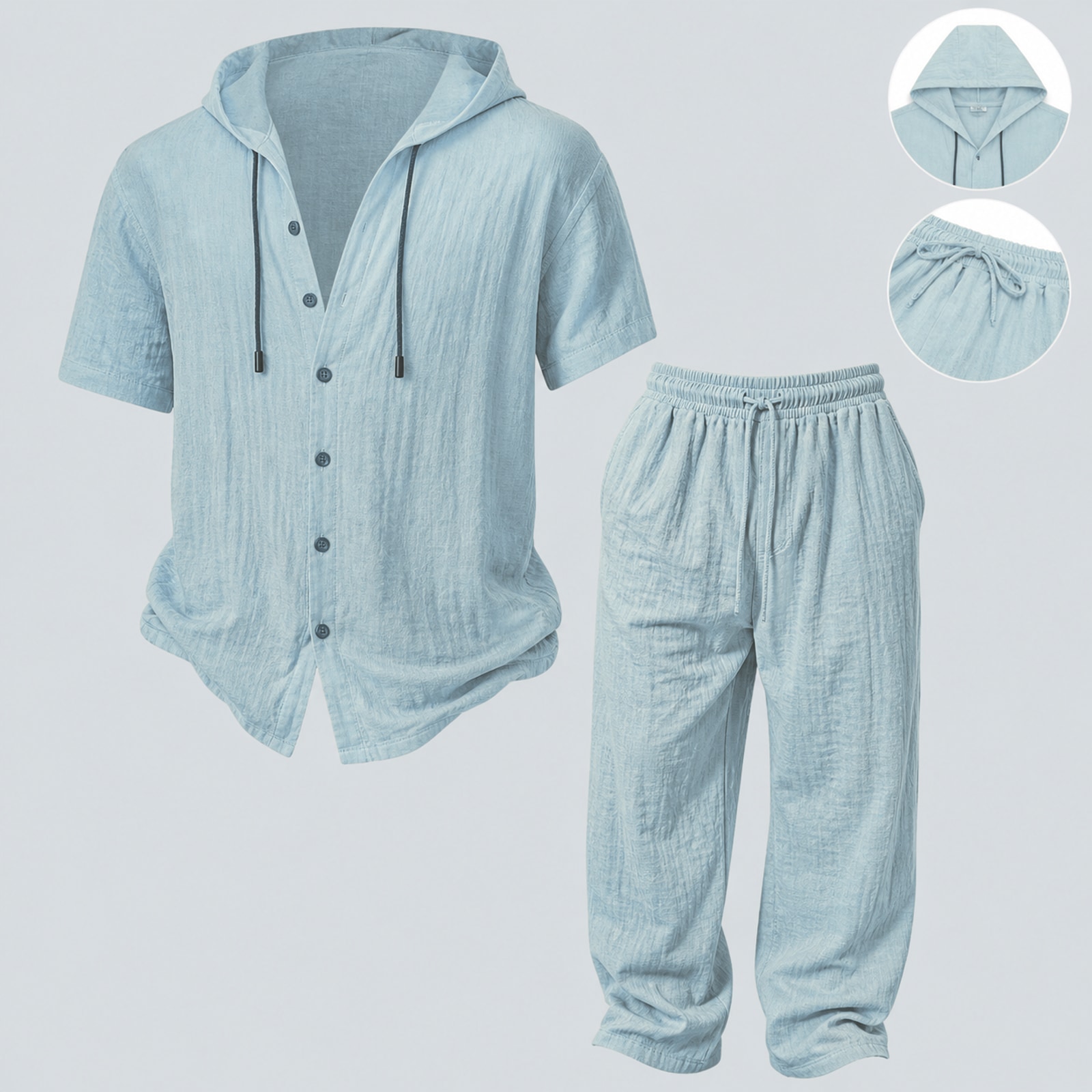 Mens Summer Hooded Sweatshirt Wide Leg Pants Set Mens Simple Casual Hooded Short Sleeve Shirt Button Loose Wide Leg Pants Holiday Relaxed Short Sleeve Two-piece Set Sky blue 1 Set