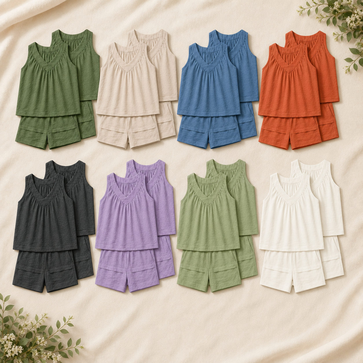 Women's Textured V Neck Sleeveless Top and Shorts Set