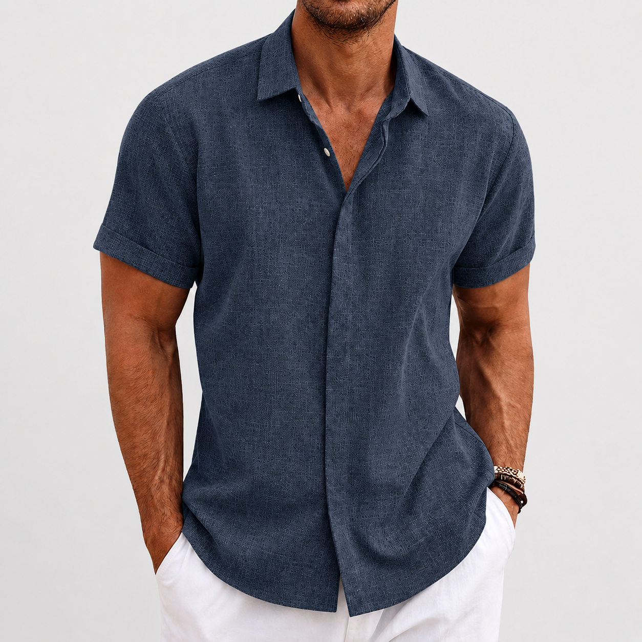 Weathered Navy short-sleeve button-up shirt model image