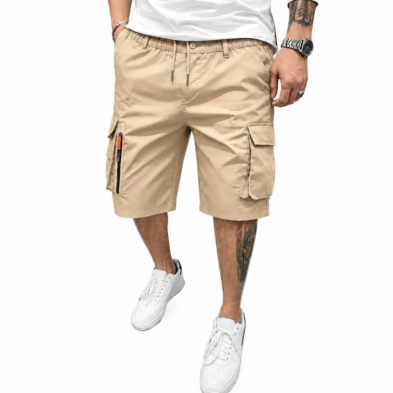 Men's Athleisure Cargo Shorts (8-Pack) — Multi-pocket design, elastic drawstring waistband, decorative faux fly; suitable for outdoor hiking, daily running, and commuting.