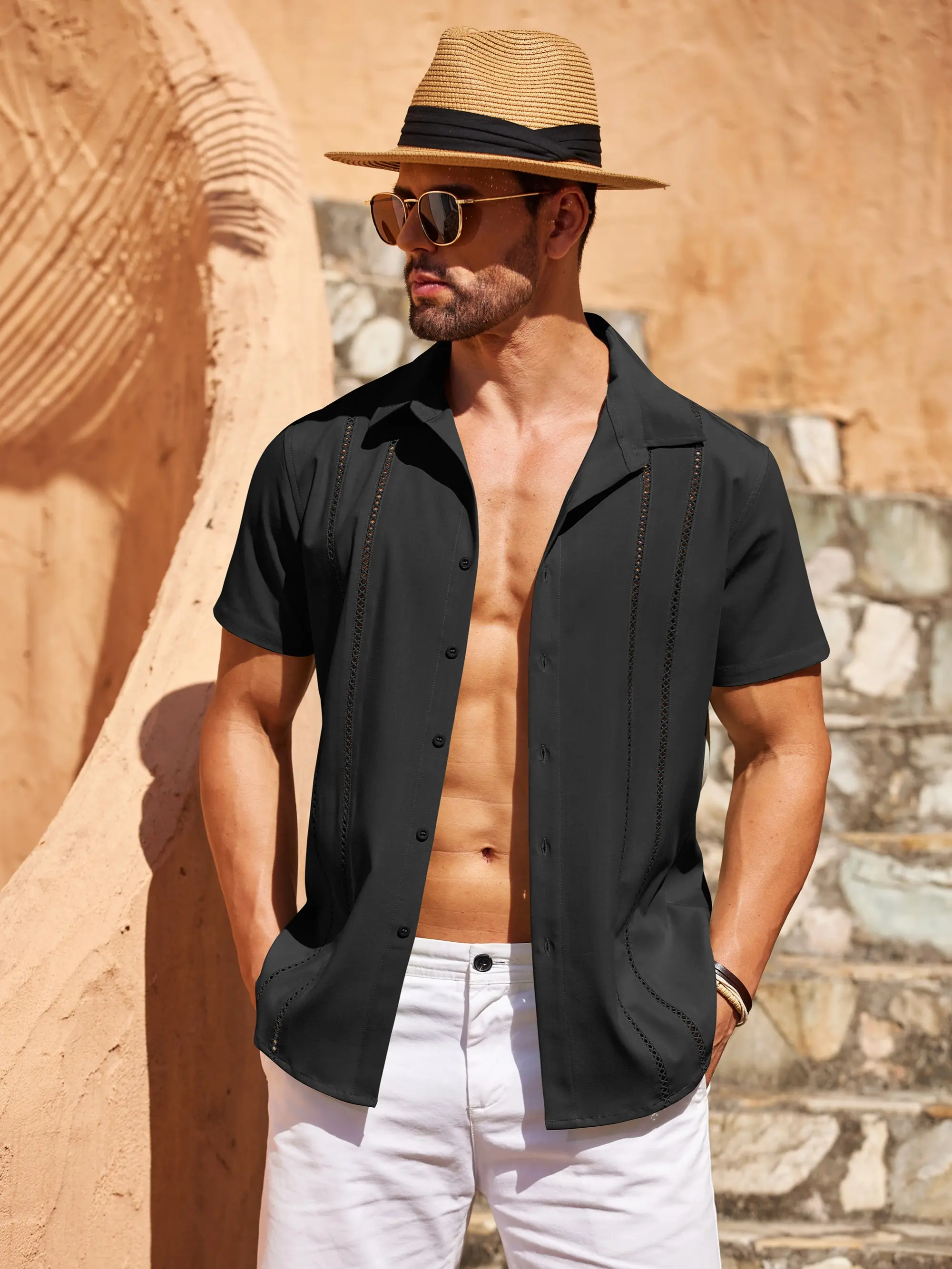 COOFANDY Men's Cuban Guayabera Shirt - Summer Linen Top