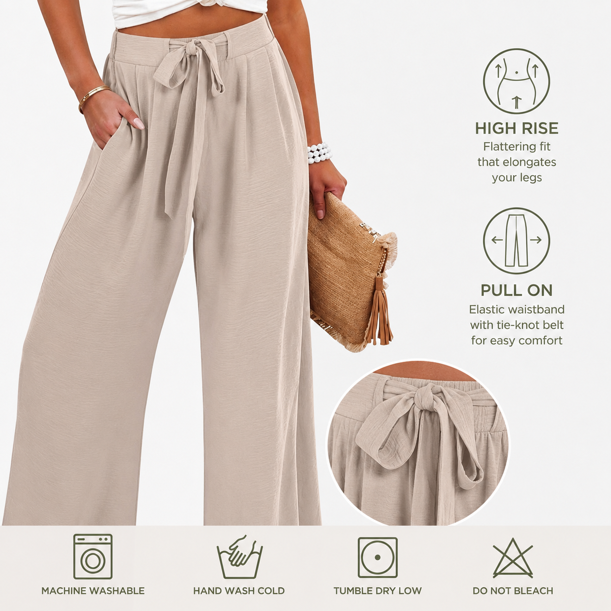 High-rise pull-on waist and care detail