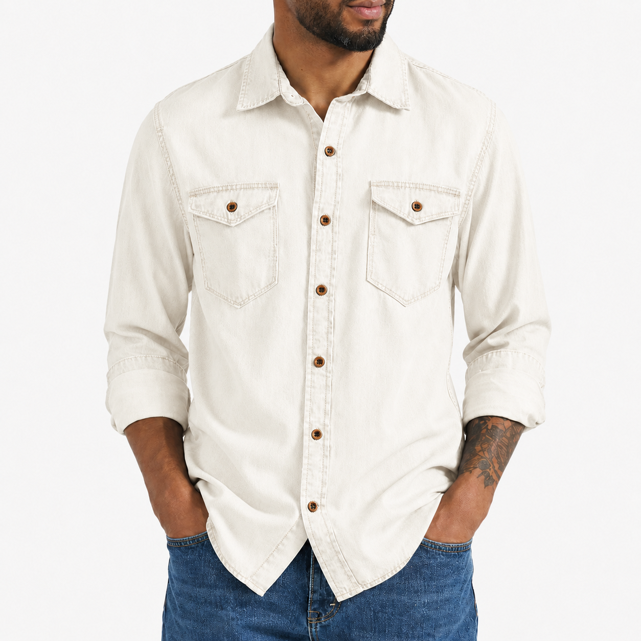 Off white washed denim button-up shirt