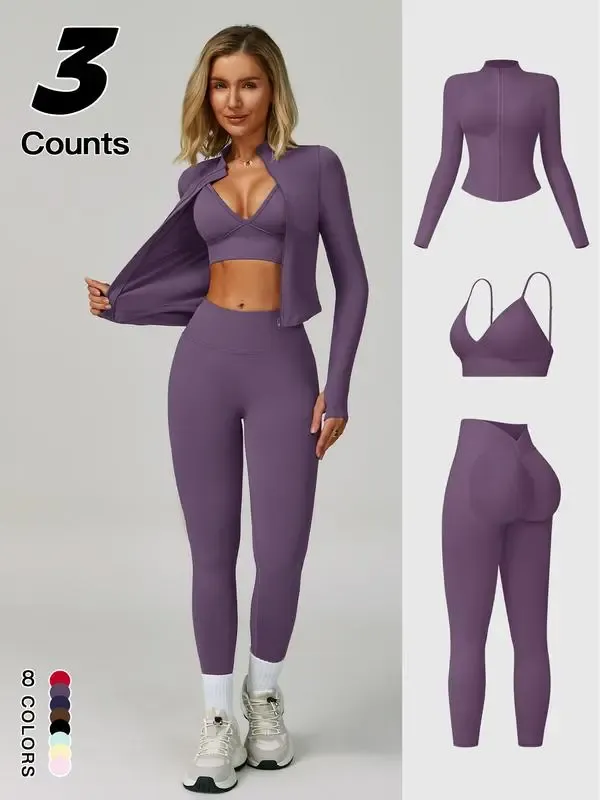 Women Quick-Dry Running Yoga 3-Piece Jacket Leggings Set
