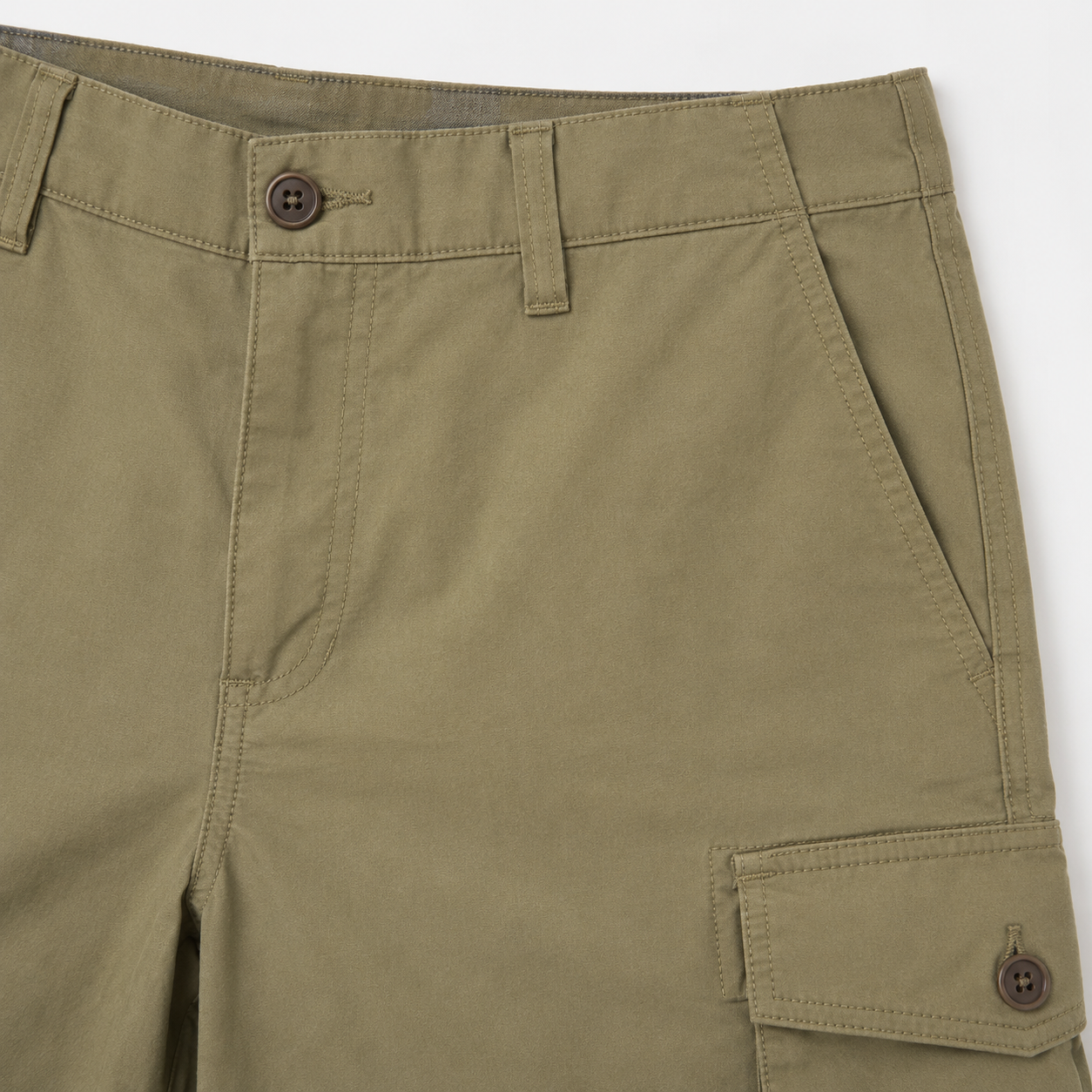 Front waistband, button closure, and cargo pocket detail