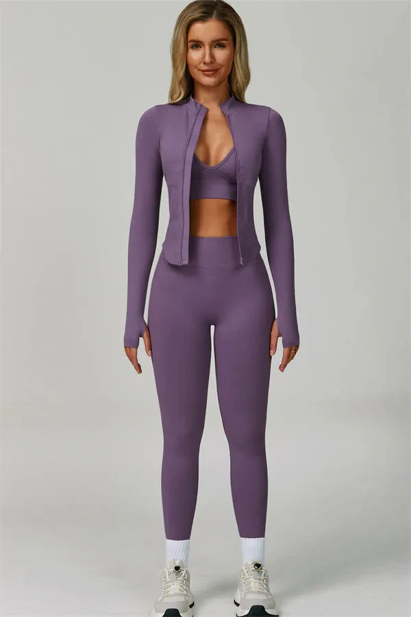 ⏰Limited-Time Sale💥Women's Solid Criss Cross Crop Tank Top & High Waist Leggings & Zip Up Crop Jacket Tracksuit Set