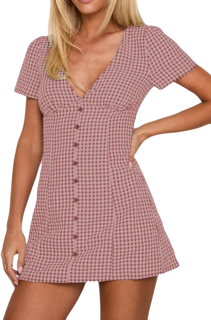 Women's Plaid Print Button Decor V Neck Shortsleeve