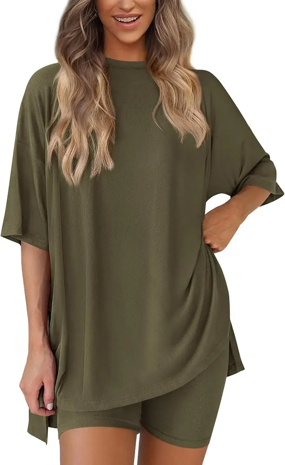 🔥Women's Two Piece Lounge Set Summer Casual Oversized Shirts Biker Shorts