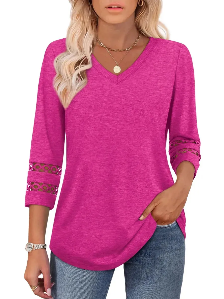 2026 Women's Trendy V-Neck T-Shirt with 3/4 Sleeves - Stylish & Comfortable Top