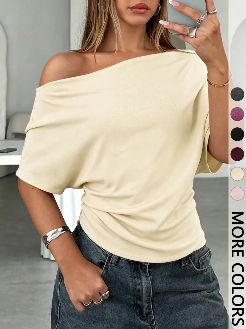 Cream off-shoulder draped batwing top