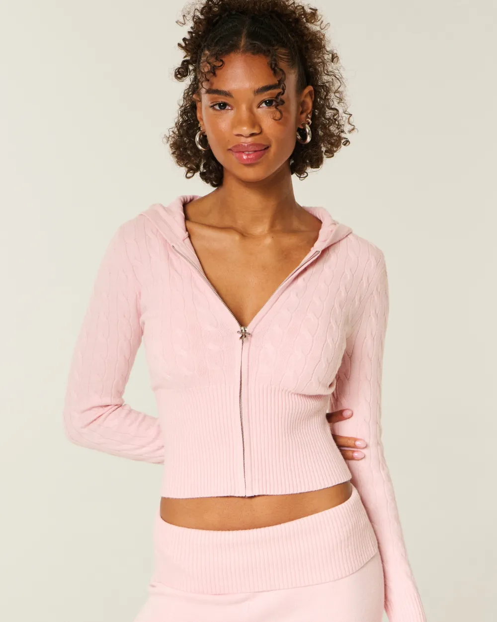 Cable-Knit Zip-Up Hoodie Sweater
