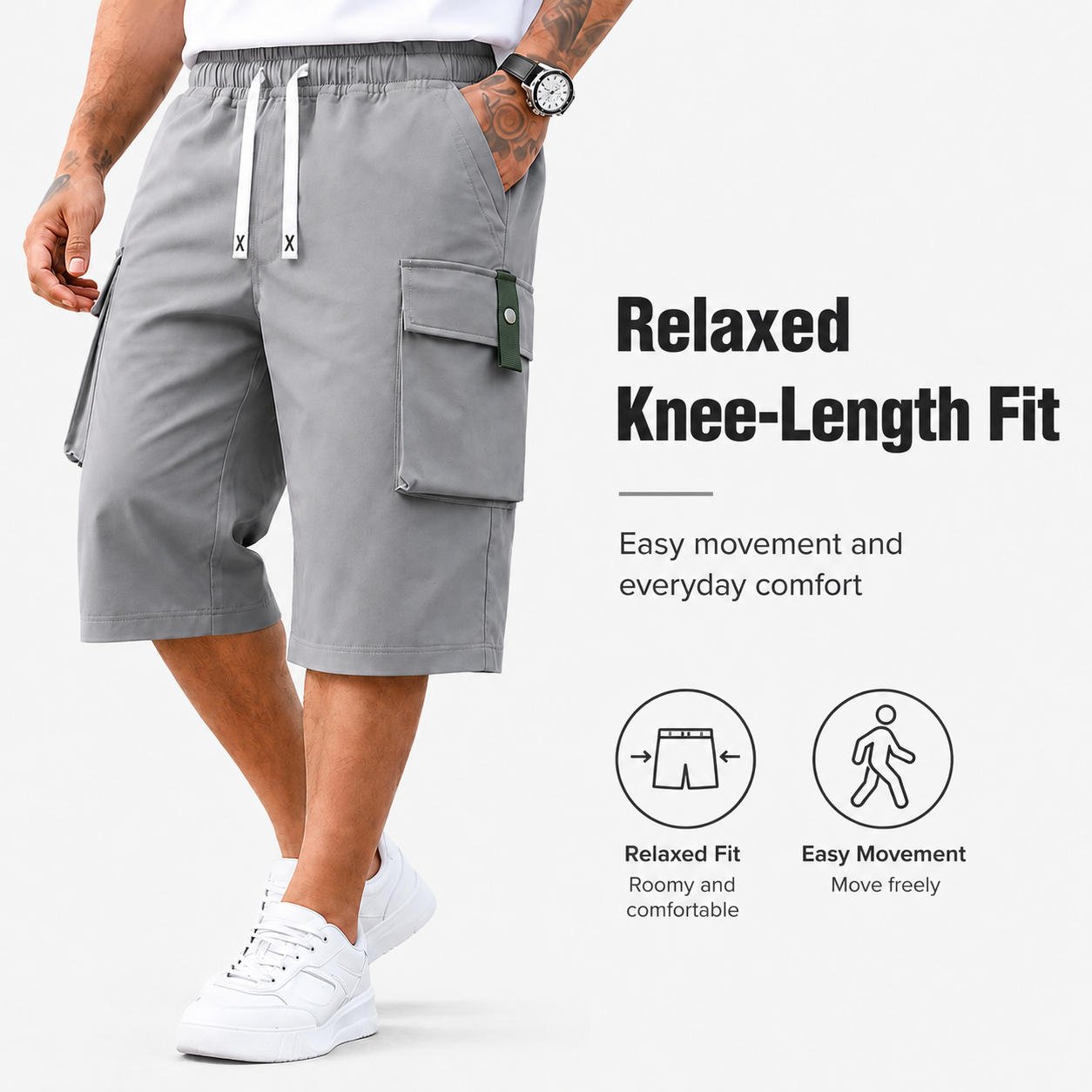 Men’s Plus Size Cargo Shorts, 3-Pack — elastic waistband design, multiple pockets, letter embroidery decoration, regular fit with a mid-rise waist, non-stretch fabric suitable for everyday wear and casual activities, non-see-through fabric
