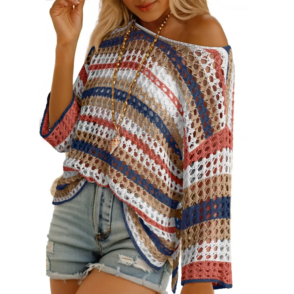 Taupe navy striped hollow-out crochet top